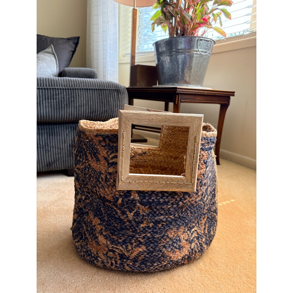 Woven Jute Floral Tote Bag Navy Tan Wood Handles Cowrie Shell Tassel India - Picture 4 of 13